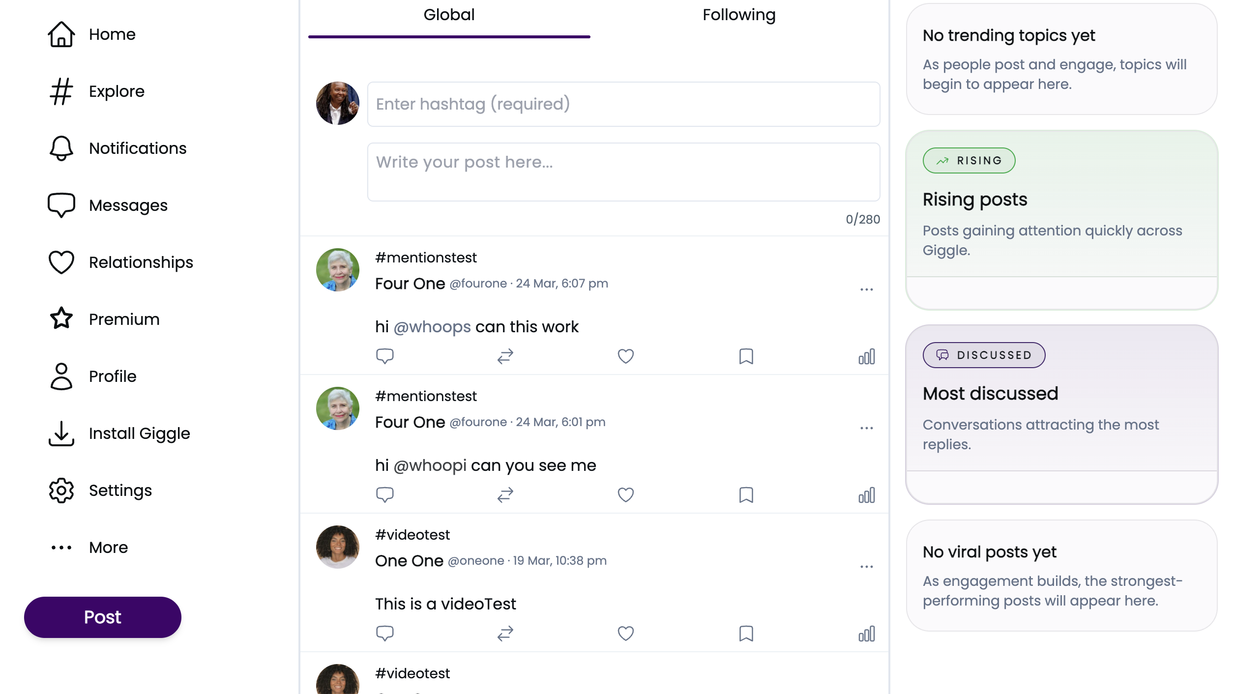 Desktop preview of the Giggle app
